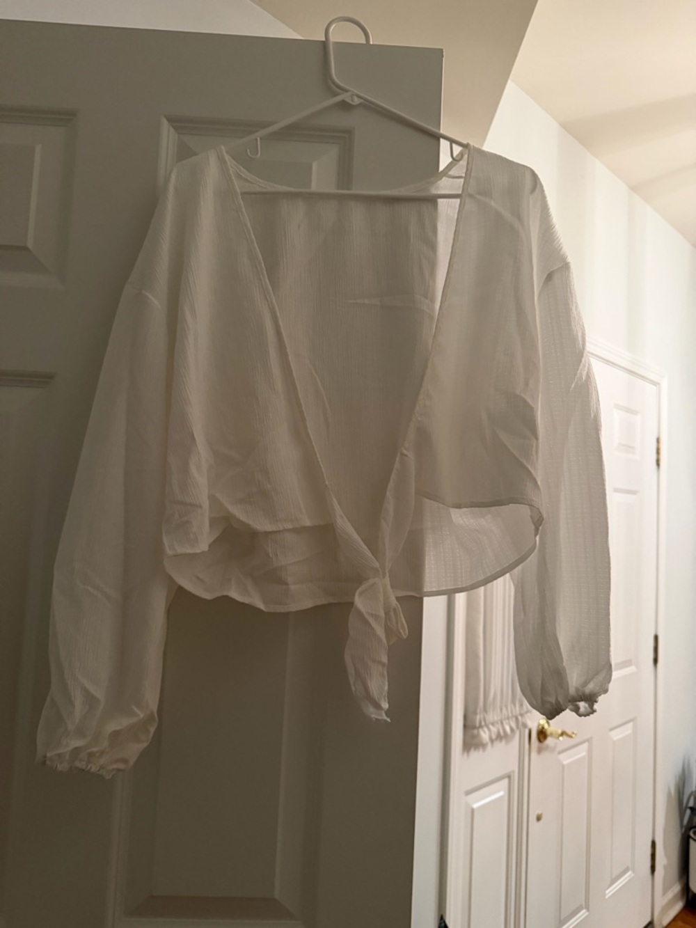 Sheer Tie-Front Cropped Blouse and pants set in White